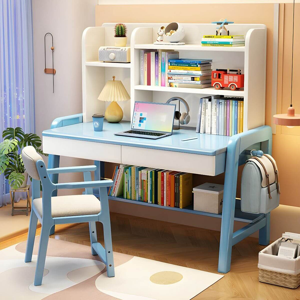 Stylish Walnut Kids Writing Desk with Open Shelves and Storage