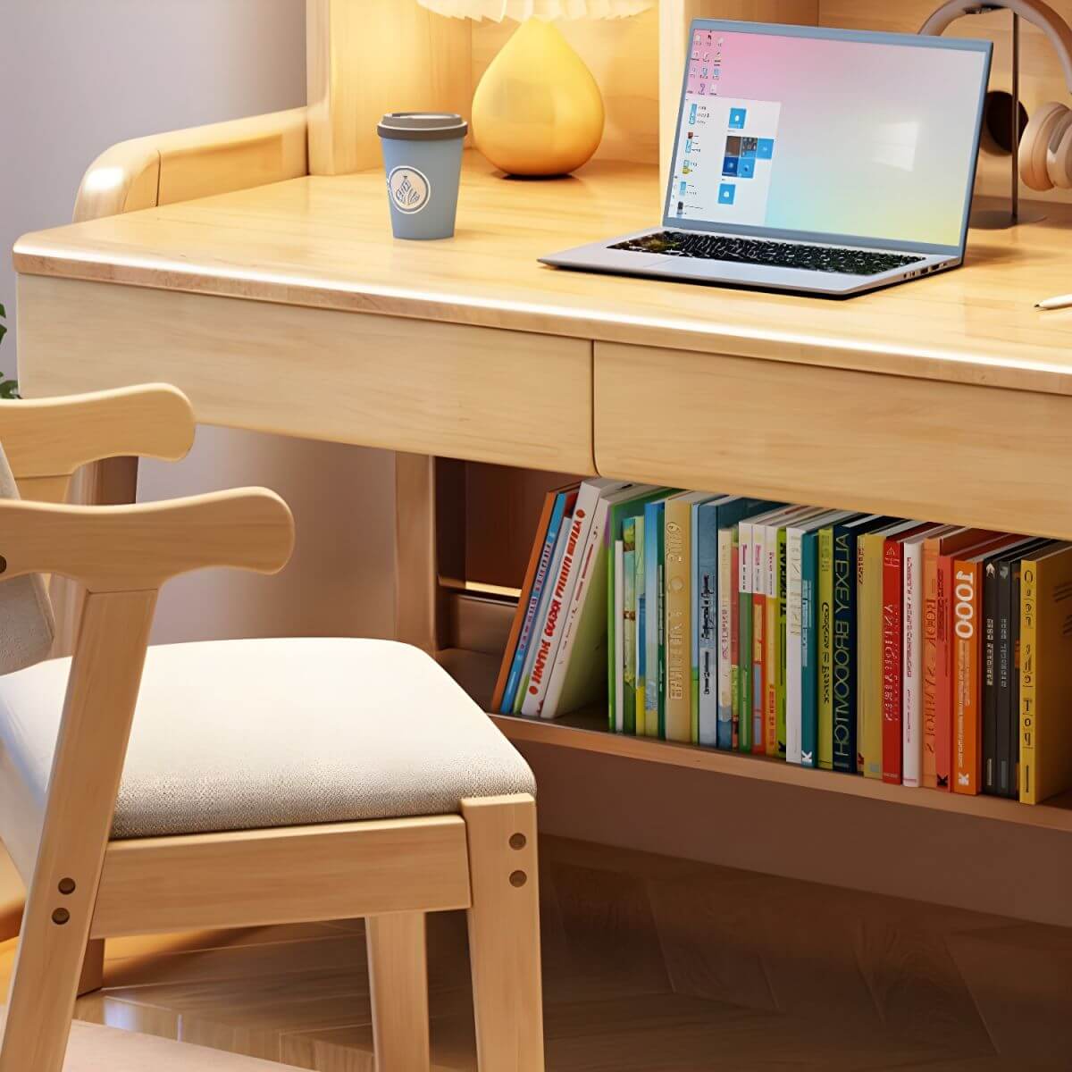 Stylish Walnut Kids Writing Desk with Open Shelves and Storage