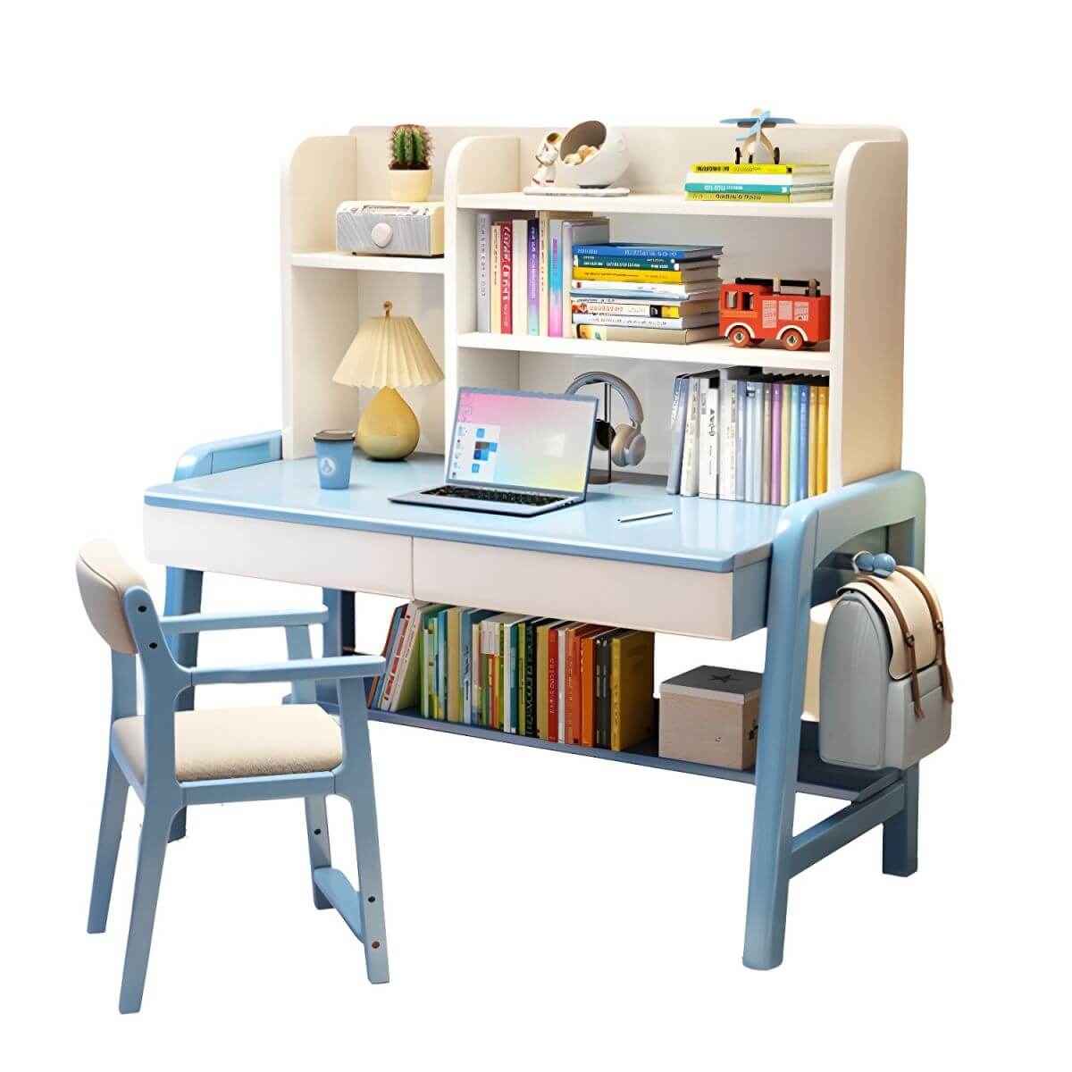 Stylish Walnut Kids Writing Desk with Open Shelves and Storage