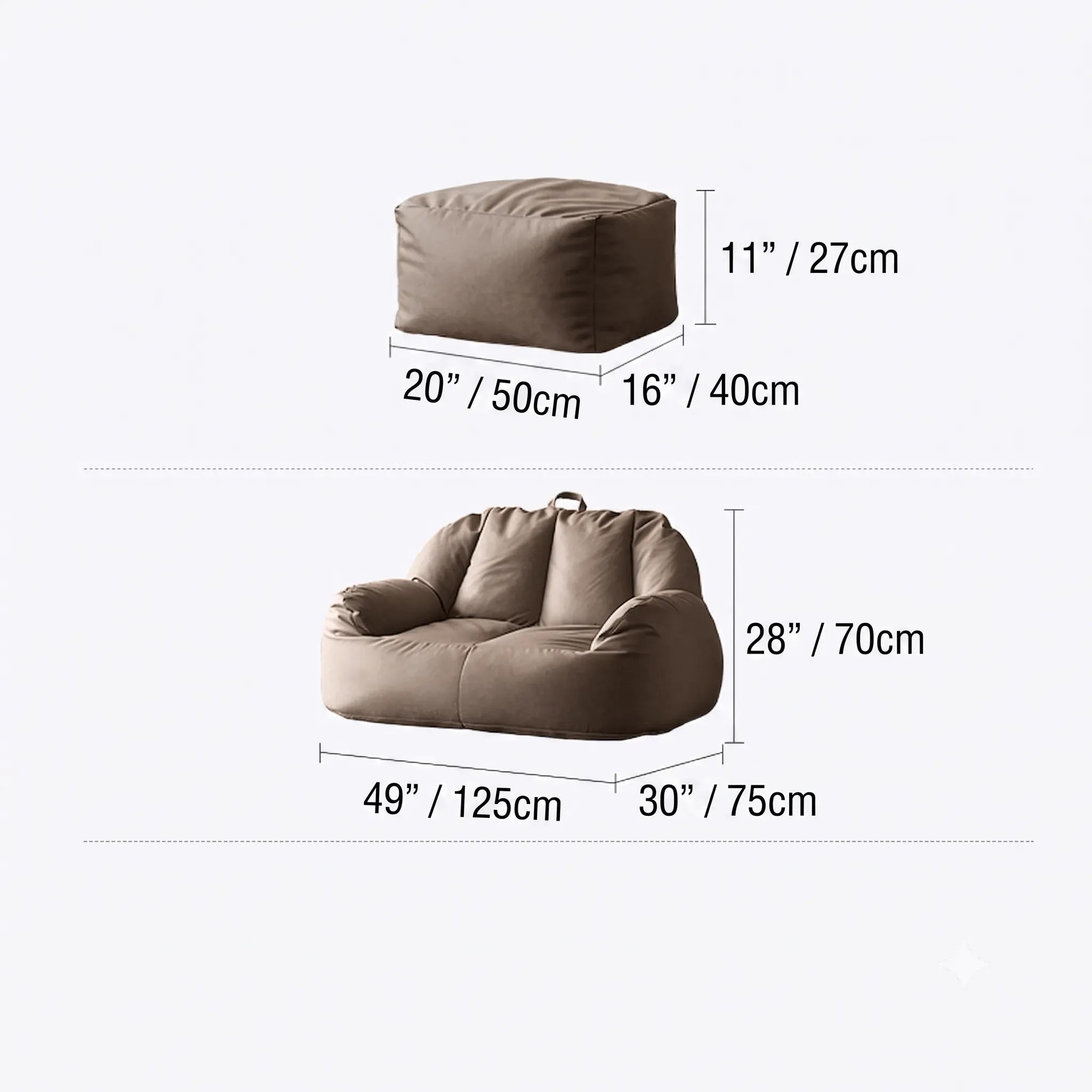 Suede-Look 2-Person Bean Bag Sofa With Ottoman for Small Spaces