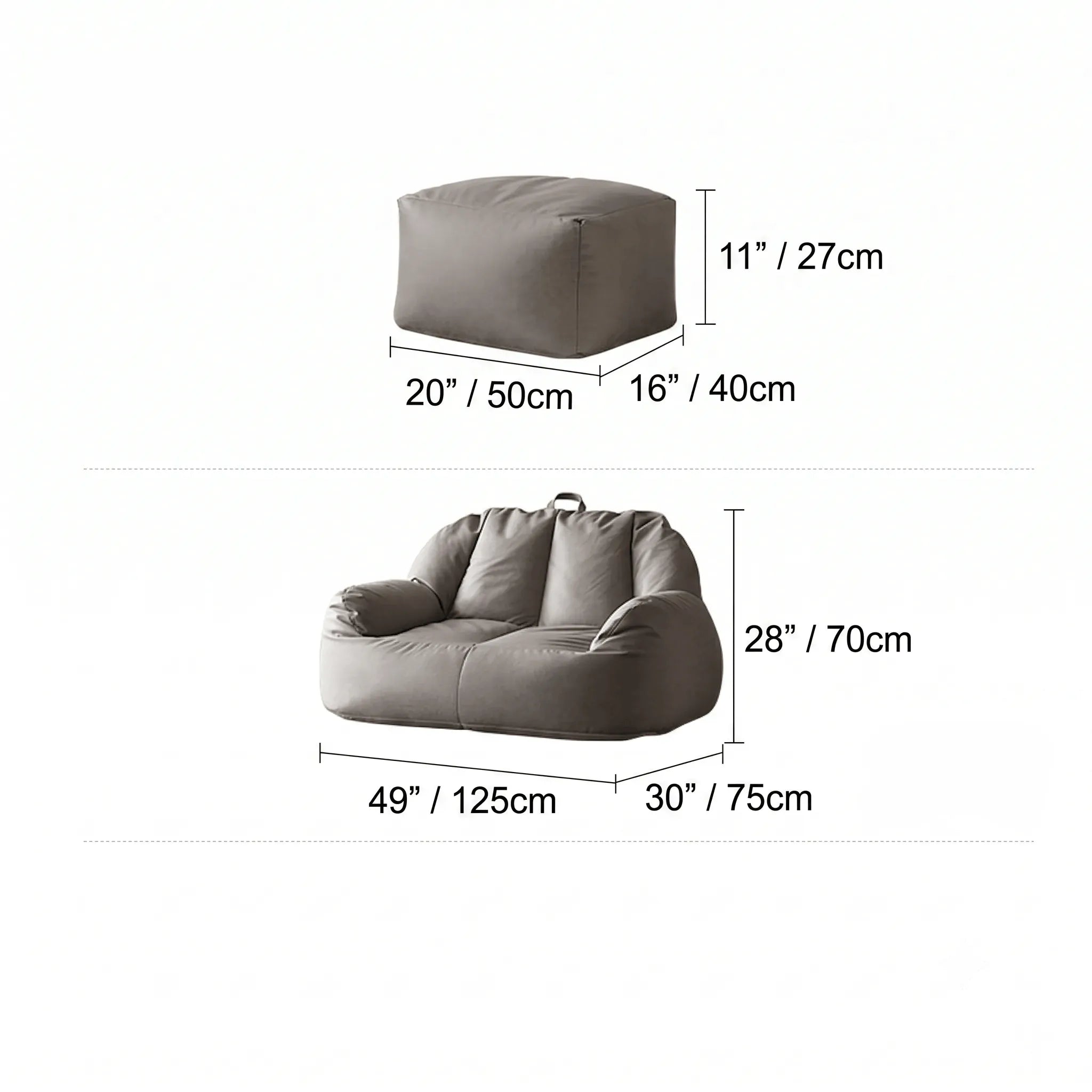 Suede-Look 2-Person Bean Bag Sofa With Ottoman for Small Spaces Dimensions