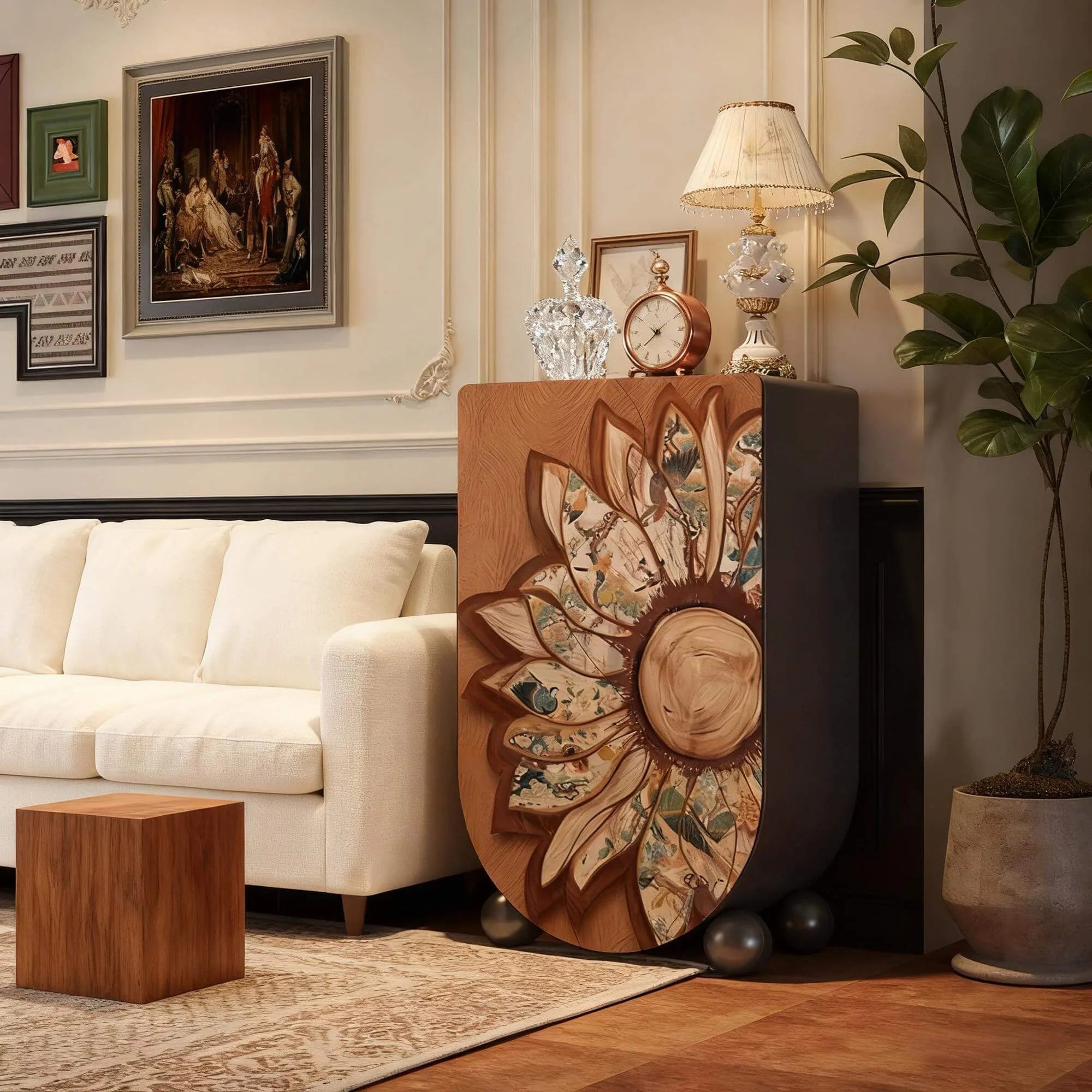 Sunflower Relief Wood Cabinet With Vintage Curved Silhouette Storage