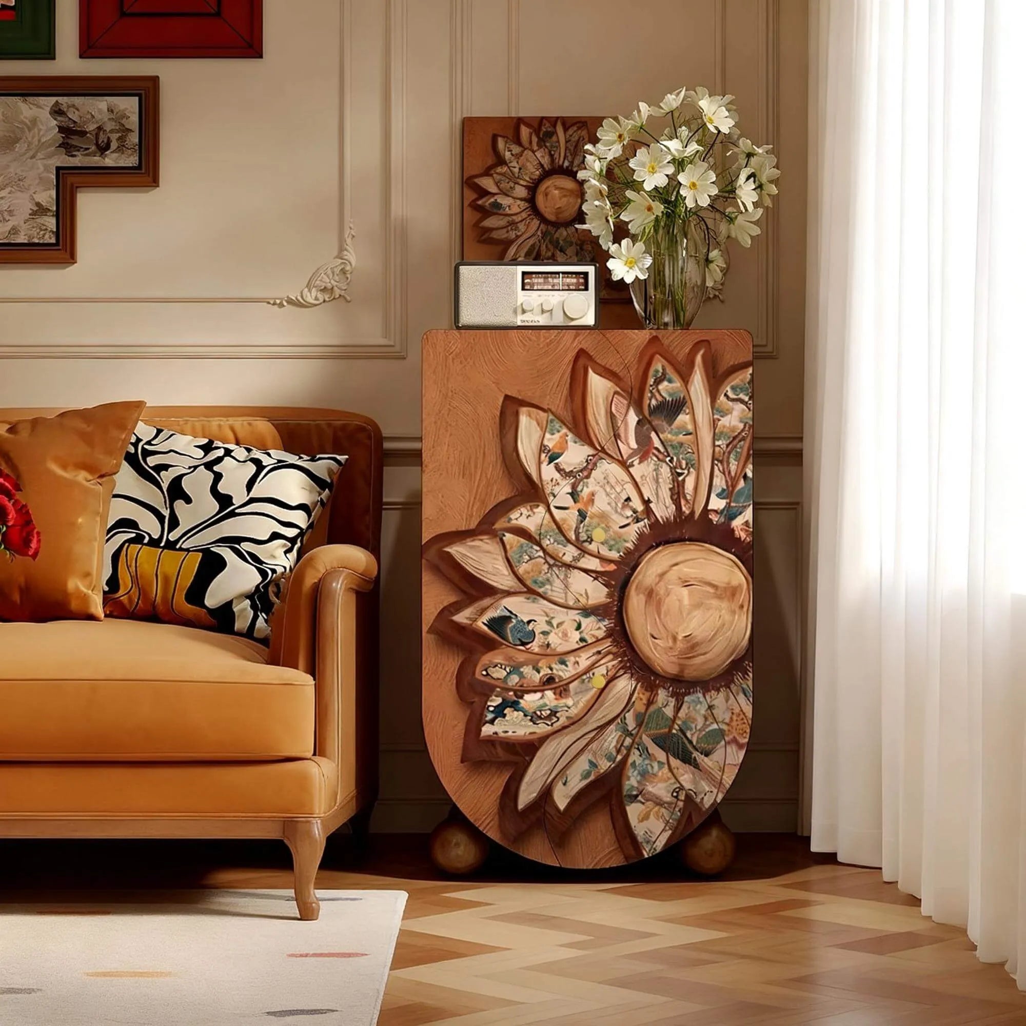 Sunflower Relief Wood Cabinet With Vintage Curved Silhouette Storage