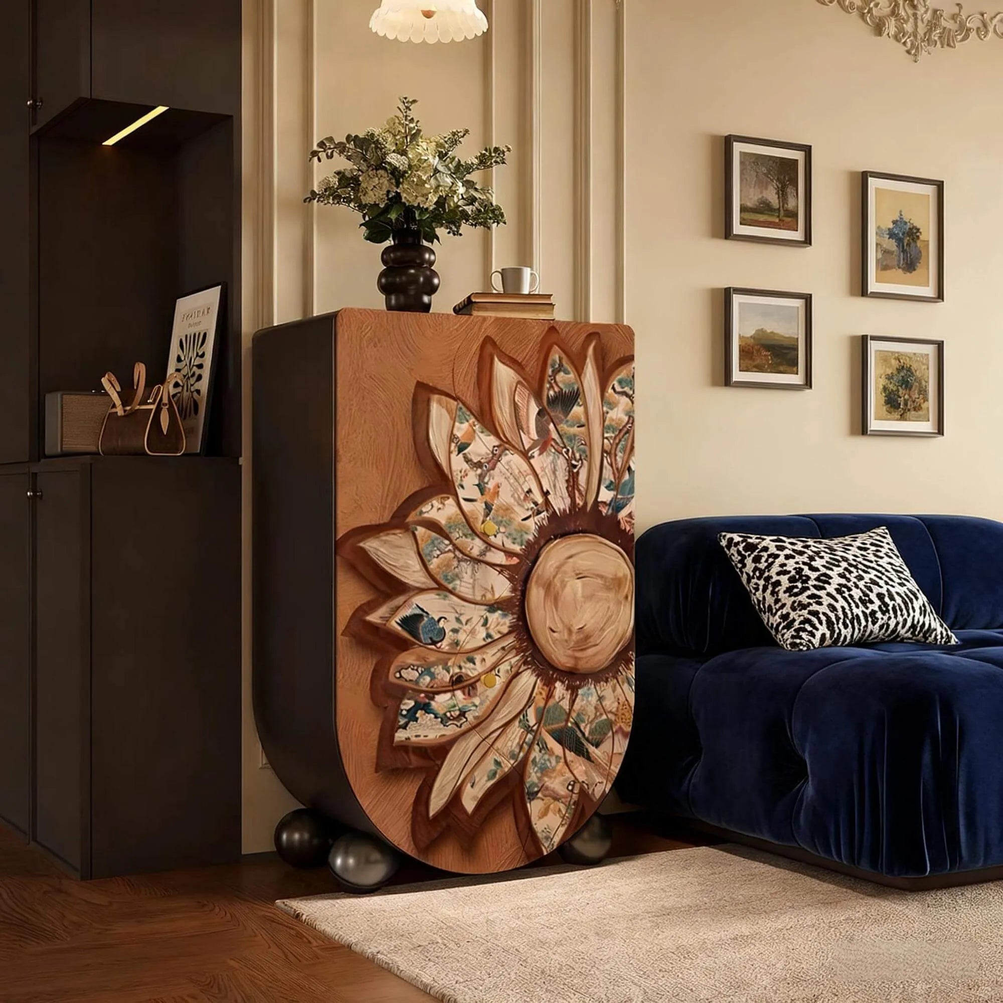 Sunflower Relief Wood Cabinet With Vintage Curved Silhouette Storage