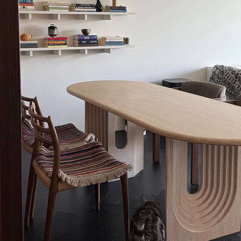 Swirl Arch Base Travertine Dining Table, Oval Sculptural Series