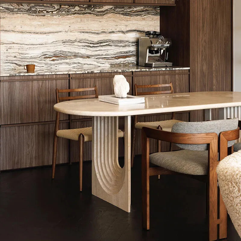 Swirl Arch Base Travertine Dining Table, Oval Sculptural Series Imagen secundaria del producto