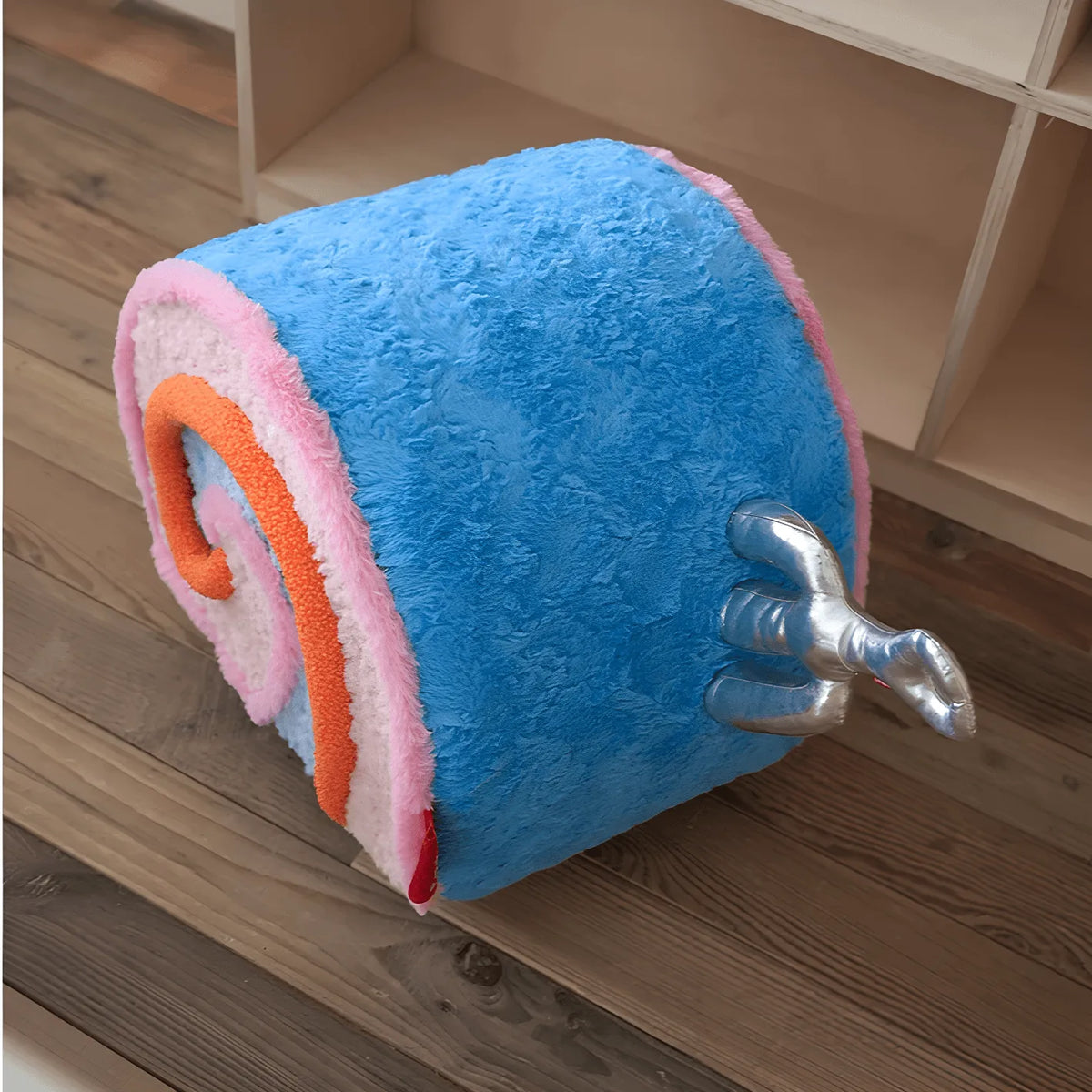 Swiss Roll Accent Stool with Wheels, Plush Color-Block Decor Piece