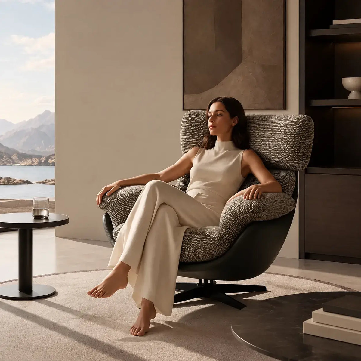 Swivel Cocoon Lounge Chair With Textured Upholstery and Sculptural Shell
