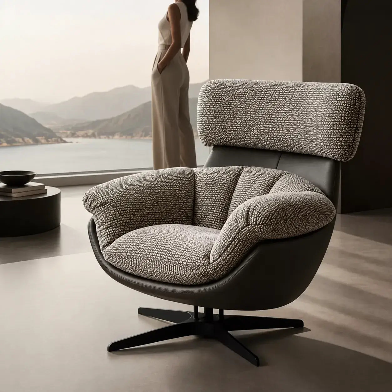 Swivel Cocoon Lounge Chair With Textured Upholstery and Sculptural Shell Secondary image