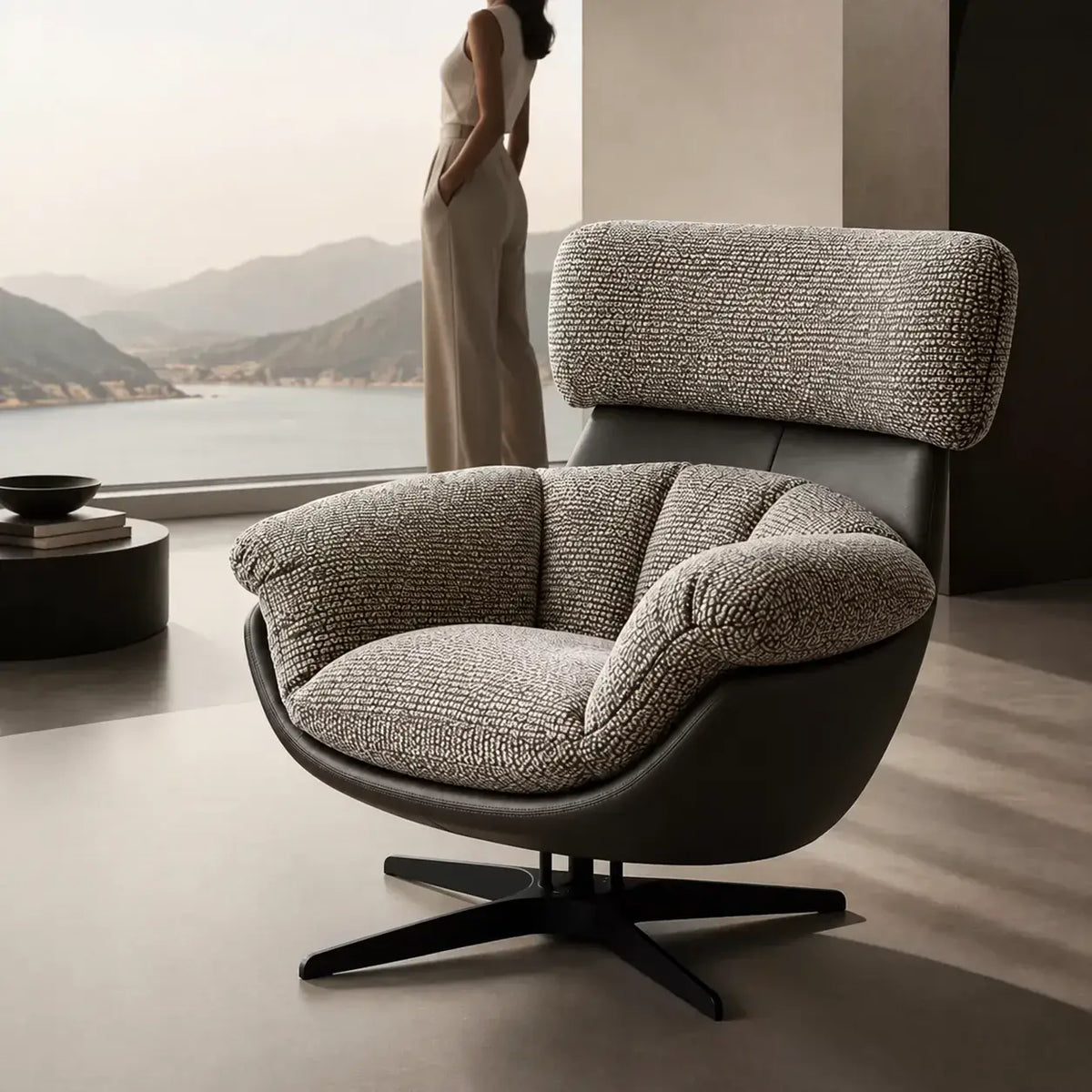 Swivel Cocoon Lounge Chair With Textured Upholstery and Sculptural Shell