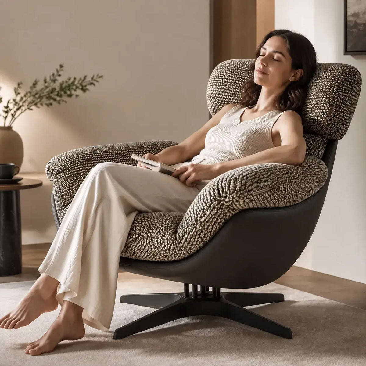 Swivel Cocoon Lounge Chair With Textured Upholstery and Sculptural Shell
