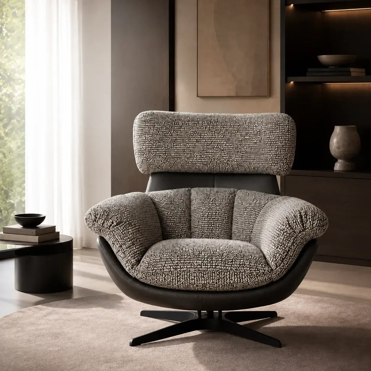 Swivel Cocoon Lounge Chair With Textured Upholstery and Sculptural Shell Main Product Image