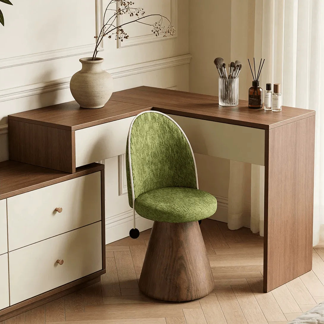 Swivel French Vintage Vanity Stool With Curved Back and Woodgrain Base