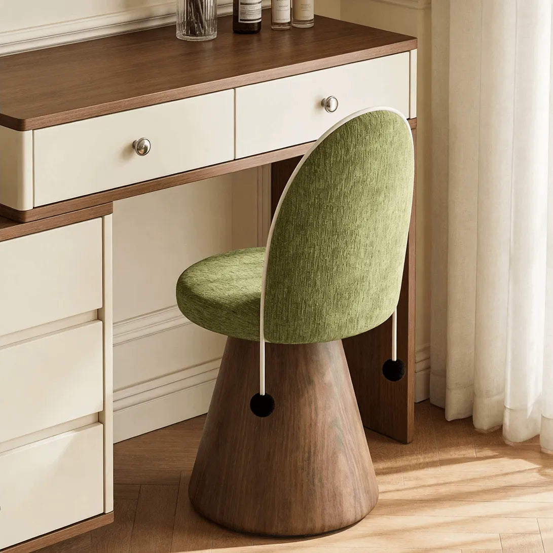 Swivel French Vintage Vanity Stool With Curved Back and Woodgrain Base