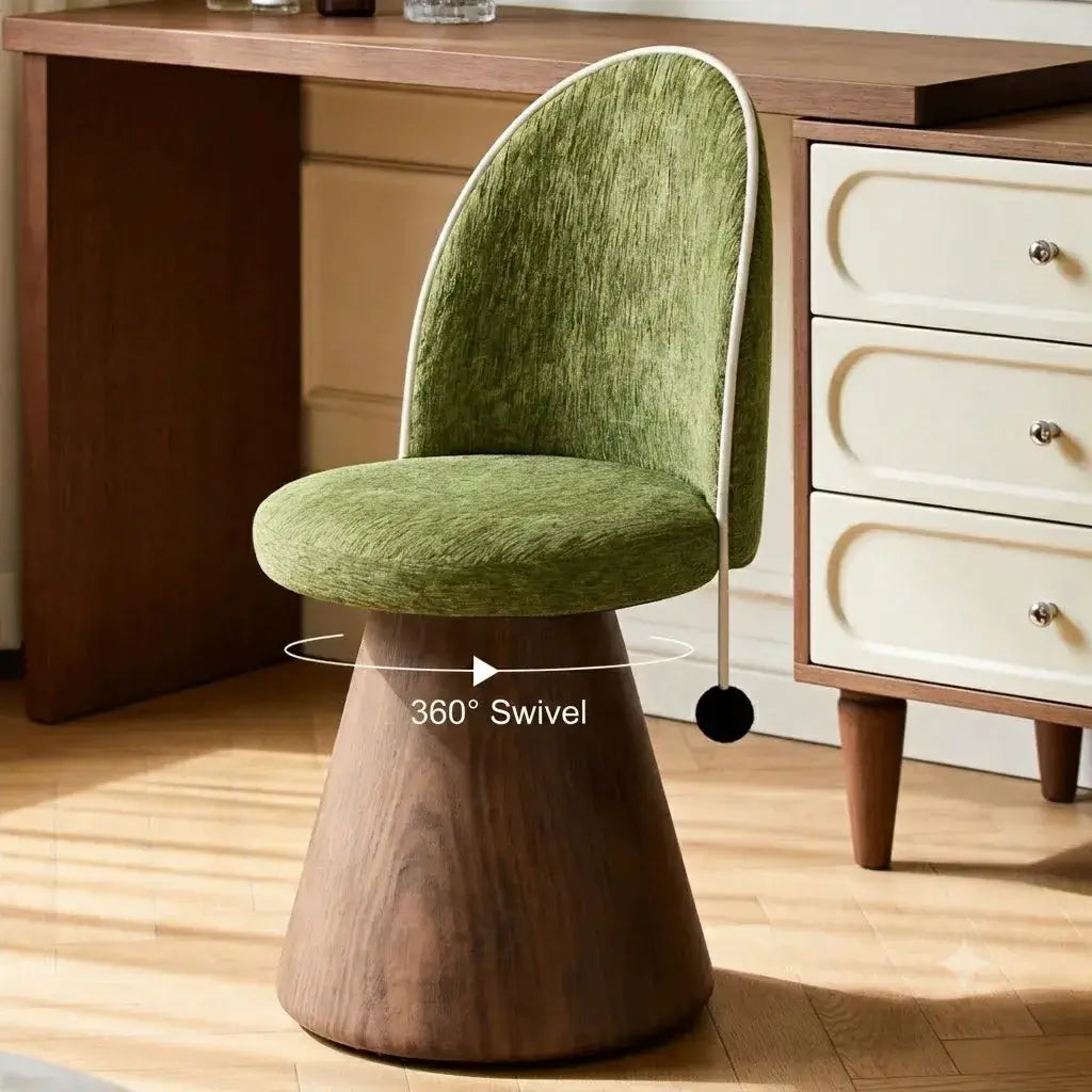 Swivel French Vintage Vanity Stool With Curved Back and Woodgrain Base