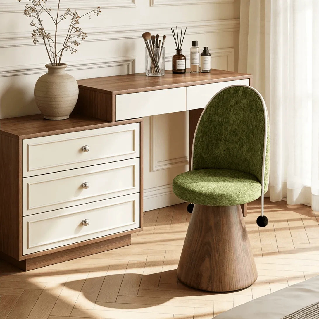 Swivel French Vintage Vanity Stool With Curved Back and Woodgrain Base Main Product Image Main image