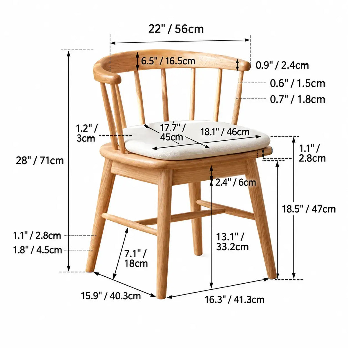 Swivel Windsor Chair with Upholstered Seat, Solid Wood Retro Armchair Dimensions