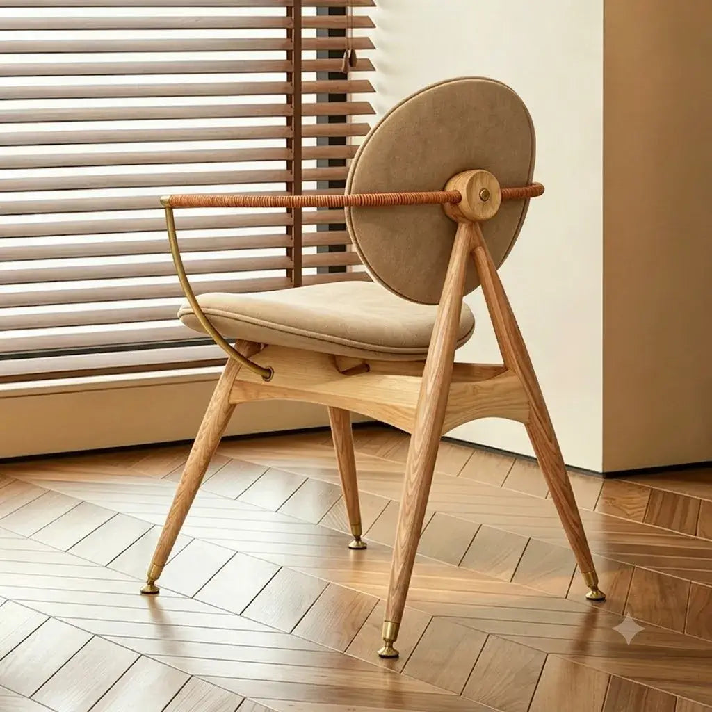 Tapestry Jacquard Vanity Stool with Leather Seat and Sculptural Ash Frame