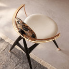 Tapestry Jacquard Vanity Stool with Leather Seat and Sculptural Ash Frame