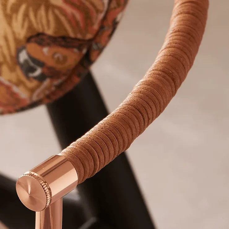 Tapestry Jacquard Vanity Stool with Leather Seat and Sculptural Ash Frame