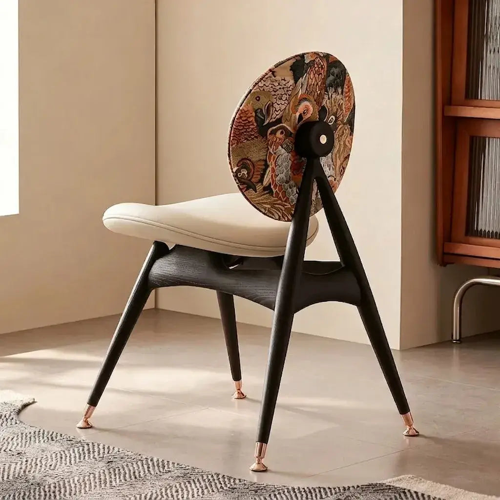 Tapestry Jacquard Vanity Stool with Leather Seat and Sculptural Ash Frame