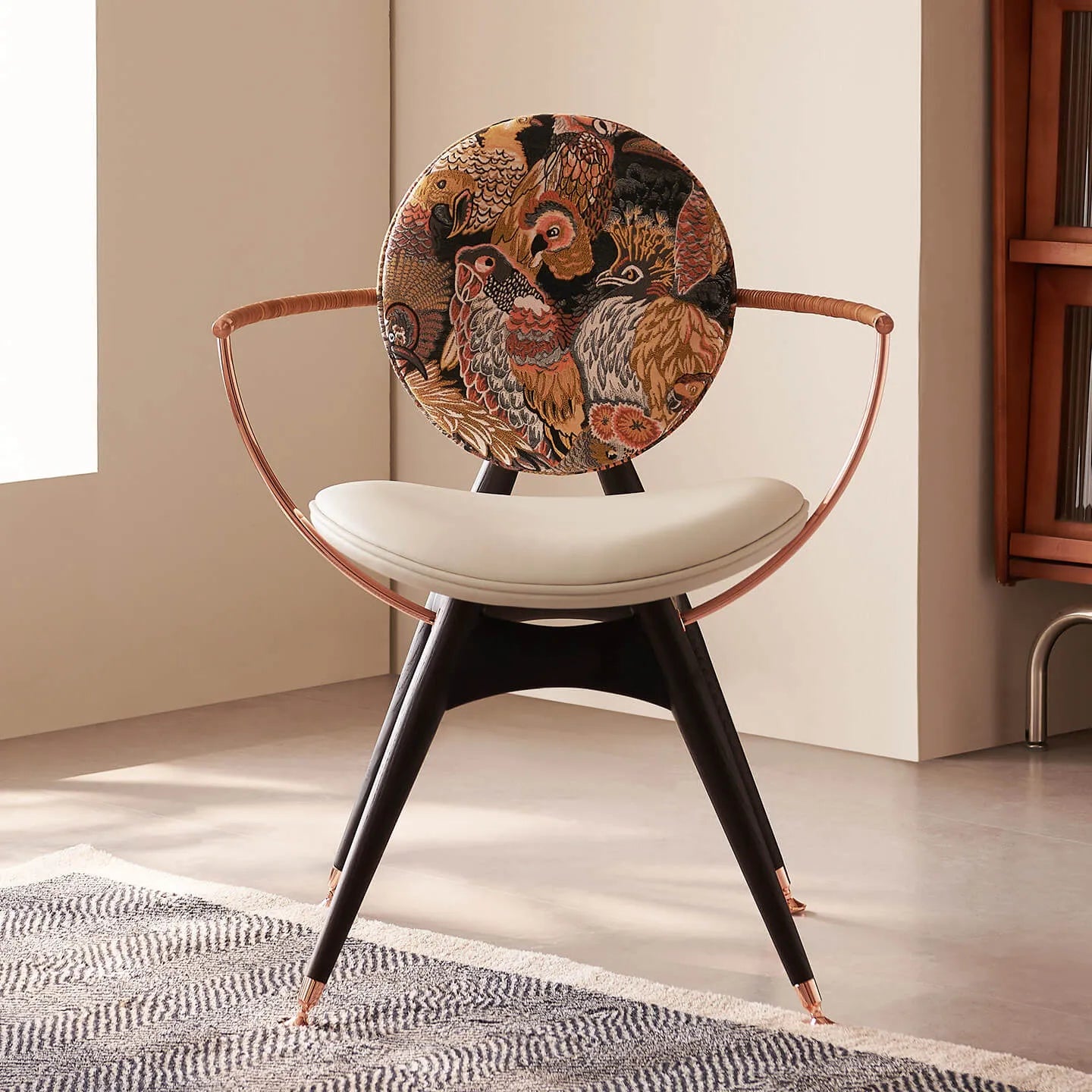 Tapestry Jacquard Vanity Stool with Leather Seat and Sculptural Ash Frame