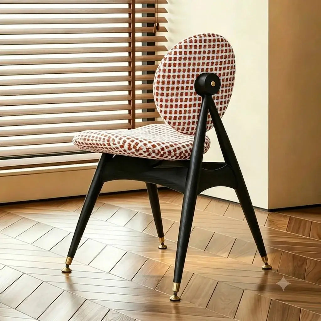 Tapestry Jacquard Vanity Stool with Leather Seat and Sculptural Ash Frame