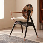 Tapestry Jacquard Vanity Stool with Leather Seat and Sculptural Ash Frame