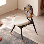 Tapestry Jacquard Vanity Stool with Leather Seat and Sculptural Ash Frame