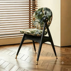 Tapestry Jacquard Vanity Stool with Leather Seat and Sculptural Ash Frame