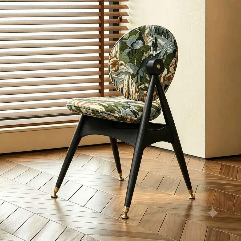 Tapestry Jacquard Vanity Stool with Leather Seat and Sculptural Ash Frame