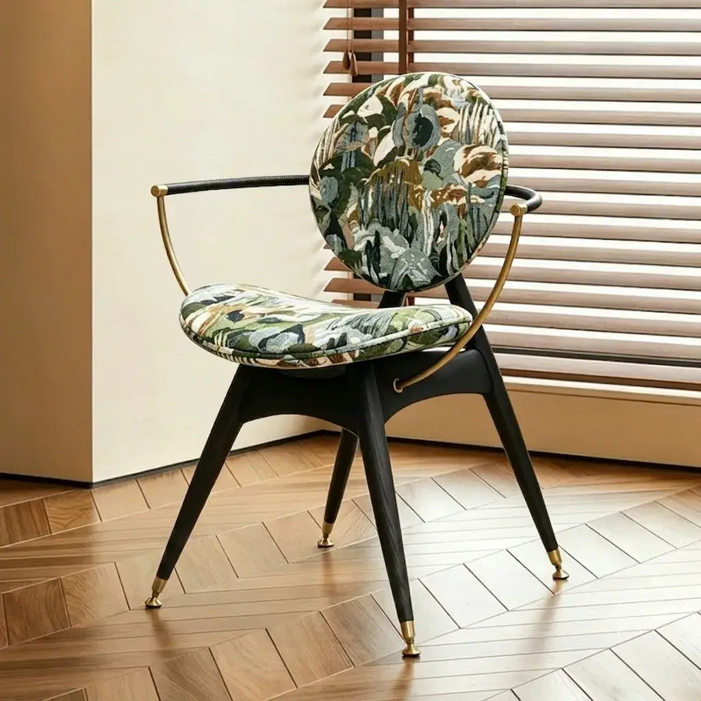 Tapestry Jacquard Vanity Stool with Leather Seat and Sculptural Ash Frame