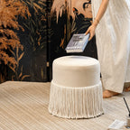 Tassel Round Ottoman in Off-White Fabric, French Accent Footstool