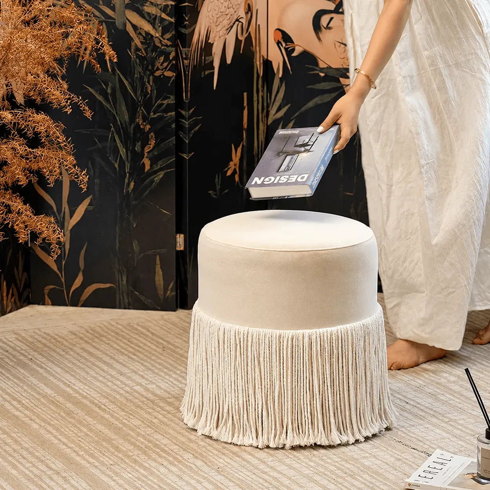 Tassel Round Ottoman in Off-White Fabric, French Accent Footstool