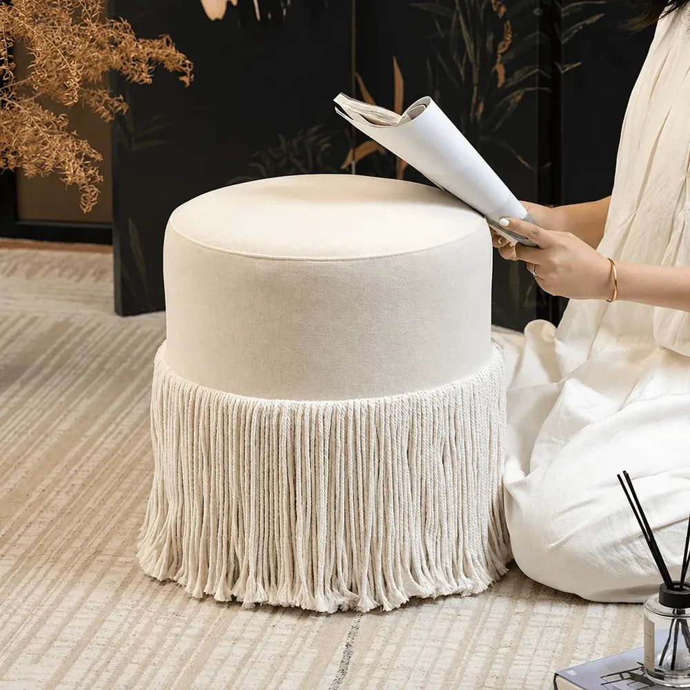 Tassel Round Ottoman in Off-White Fabric, French Accent Footstool