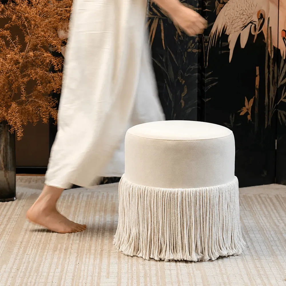 Tassel Round Ottoman in Off-White Fabric, French Accent Footstool