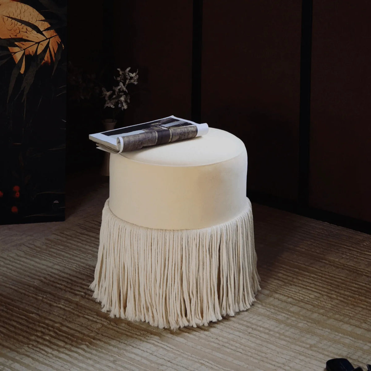 Tassel Round Ottoman in Off-White Fabric, French Accent Footstool