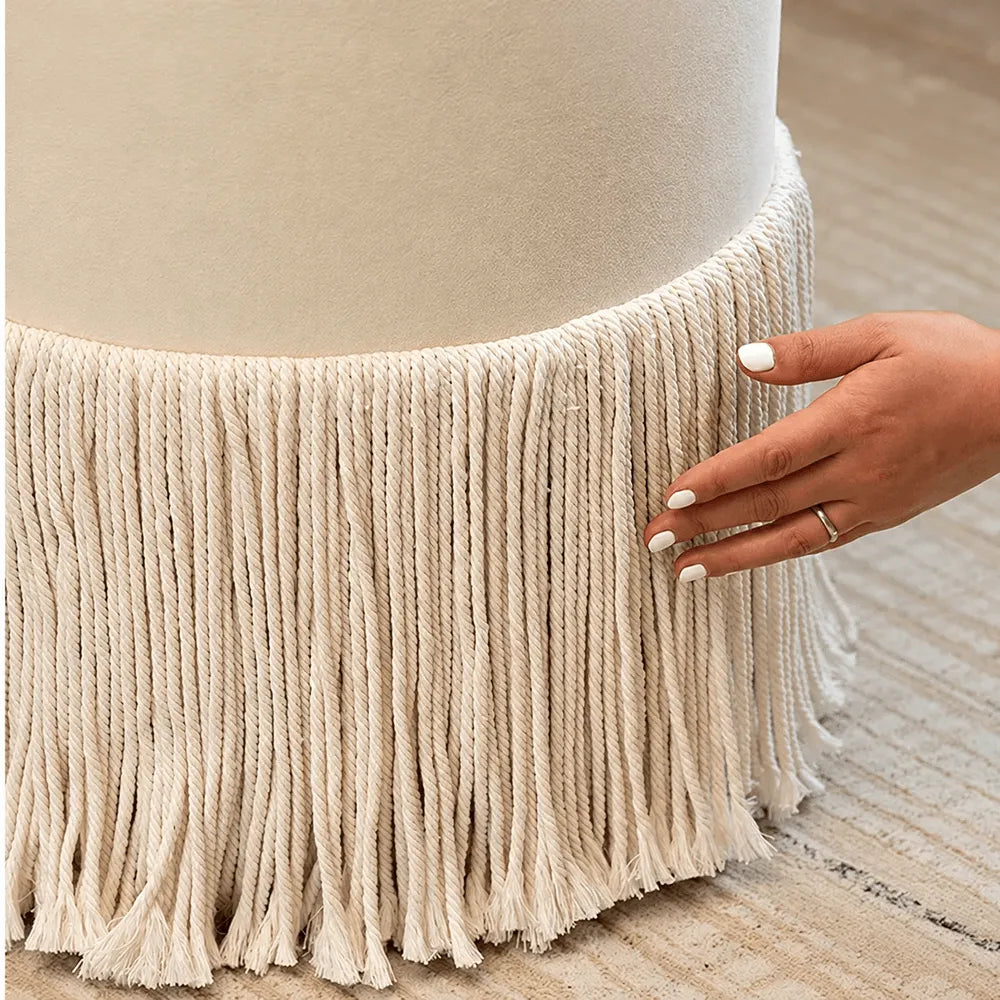 Tassel Round Ottoman in Off-White Fabric, French Accent Footstool