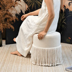 Tassel Round Ottoman in Off-White Fabric, French Accent Footstool