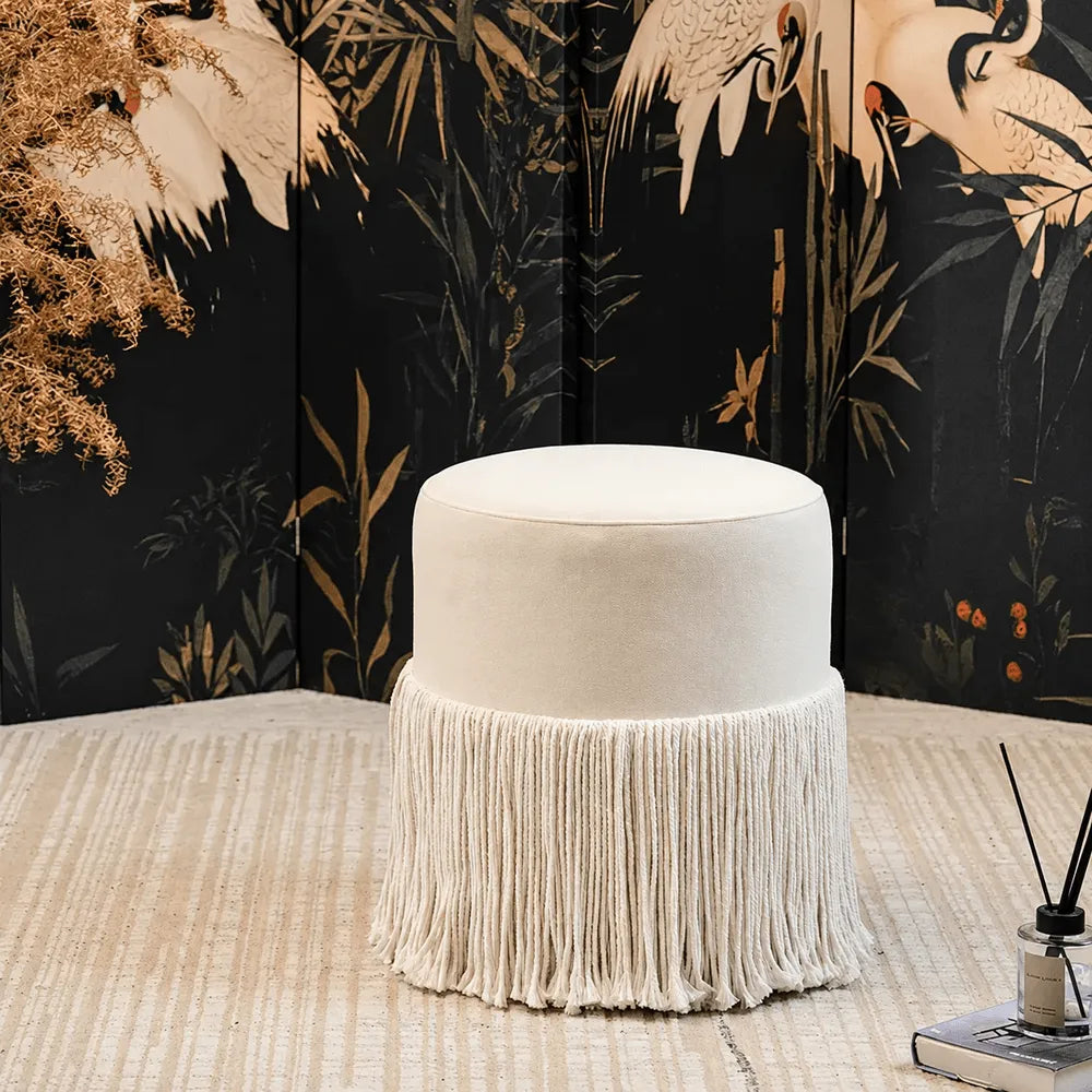 Tassel Round Ottoman in Off-White Fabric, French Accent Footstool