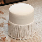 Tassel Round Ottoman in Off-White Fabric, French Accent Footstool