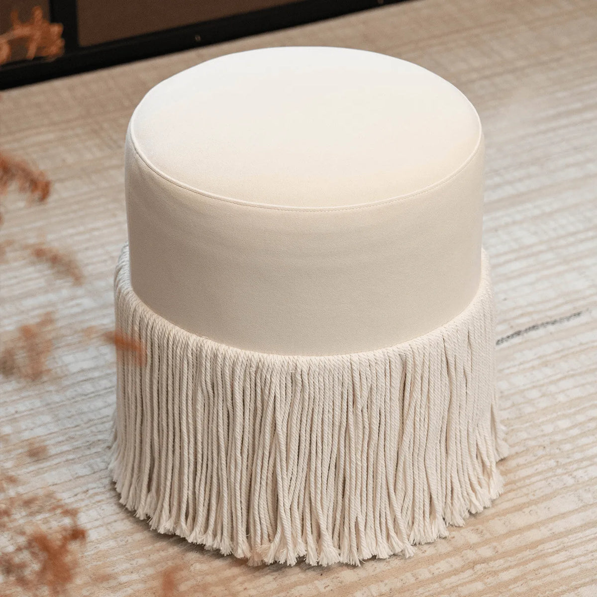 Tassel Round Ottoman in Off-White Fabric, French Accent Footstool