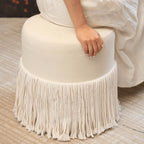 Tassel Round Ottoman in Off-White Fabric, French Accent Footstool