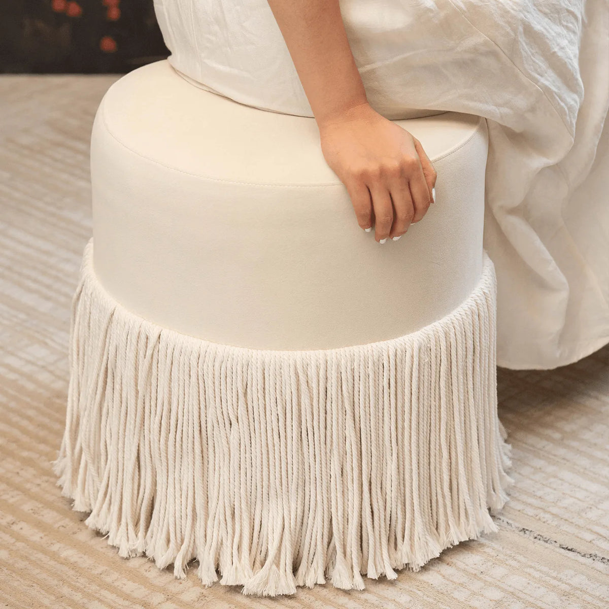 Tassel Round Ottoman in Off-White Fabric, French Accent Footstool