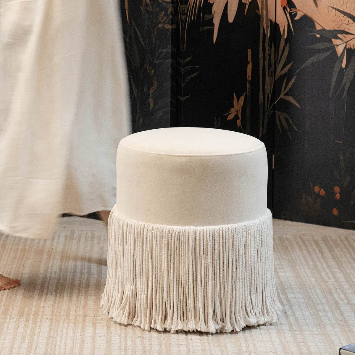 Tassel Round Ottoman in Off-White Fabric, French Accent Footstool