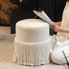 Tassel Round Ottoman in Off-White Fabric, French Accent Footstool