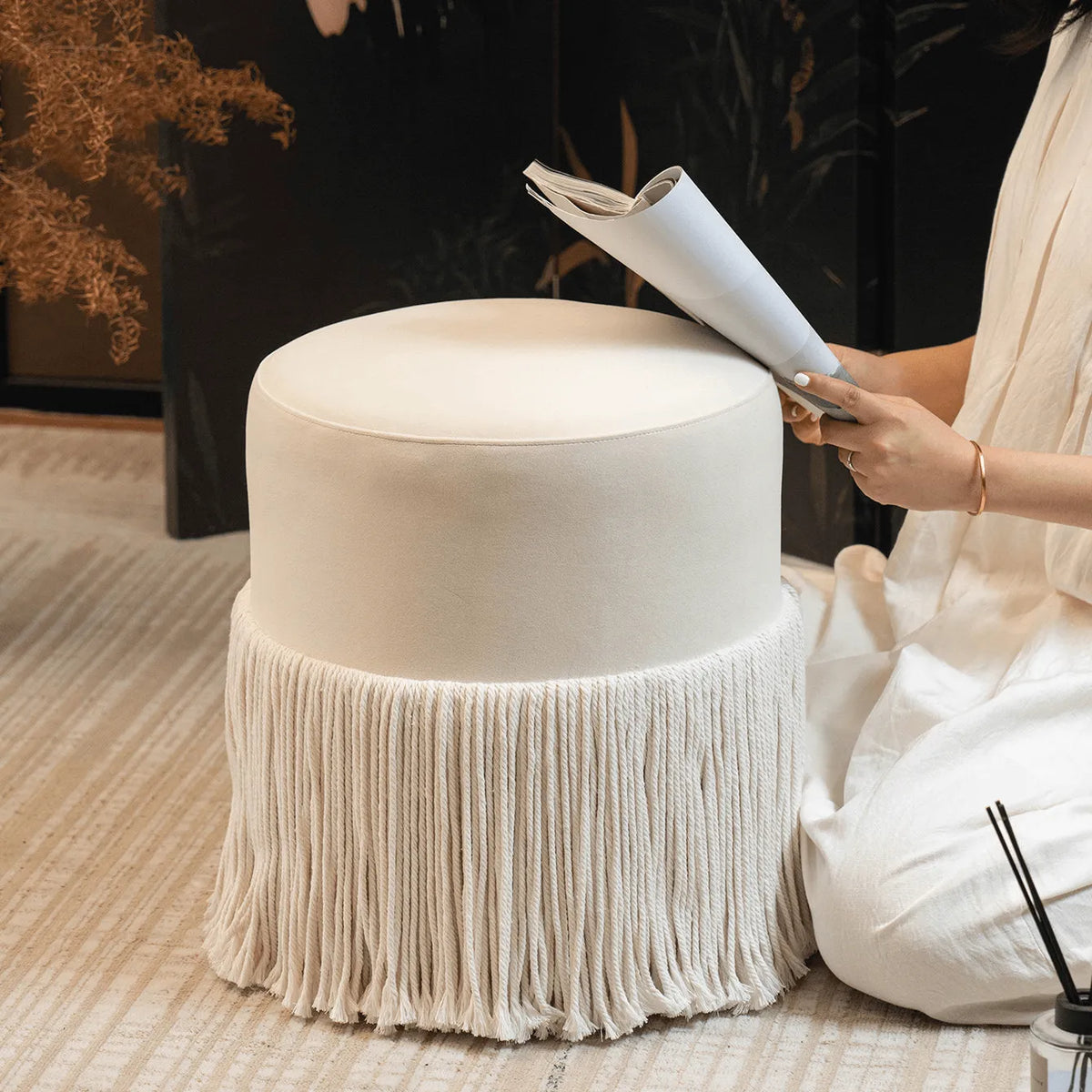 Tassel Round Ottoman in Off-White Fabric, French Accent Footstool