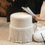 Tassel Round Ottoman in Off-White Fabric, French Accent Footstool