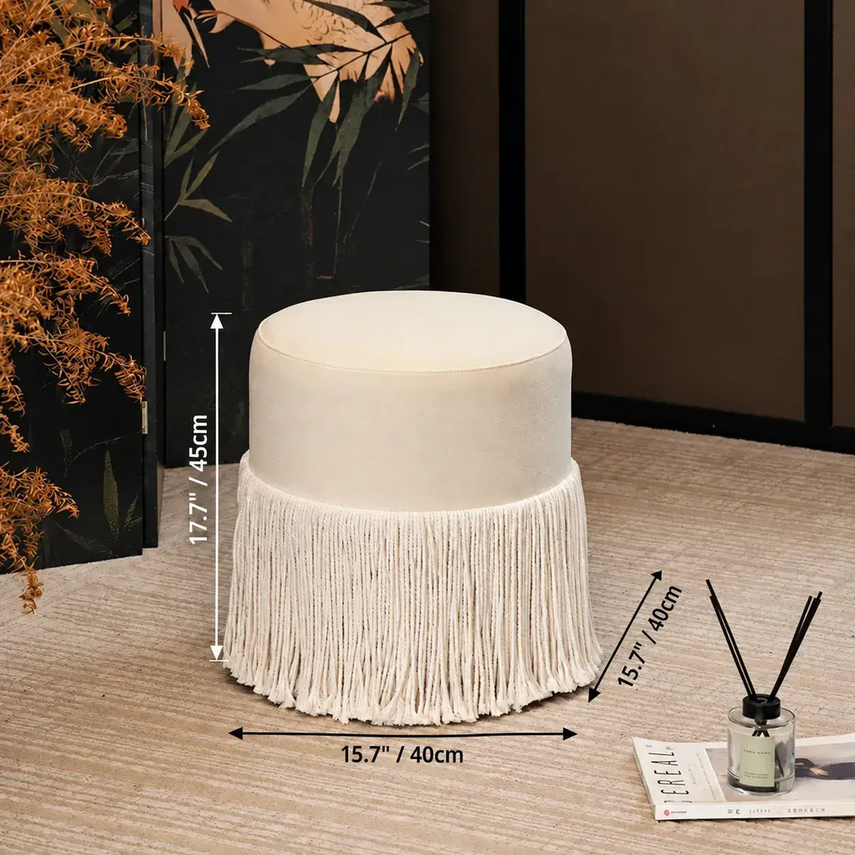 Tassel Round Ottoman in Off-White Fabric, French Accent Footstool Dimensions