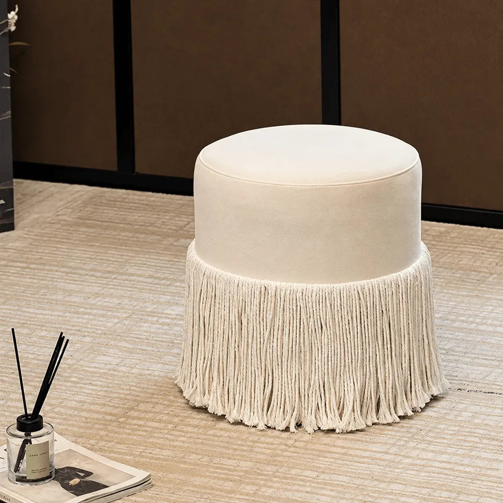Tassel Round Ottoman in Off-White Fabric, French Accent Footstool Main Product Image Hauptbild